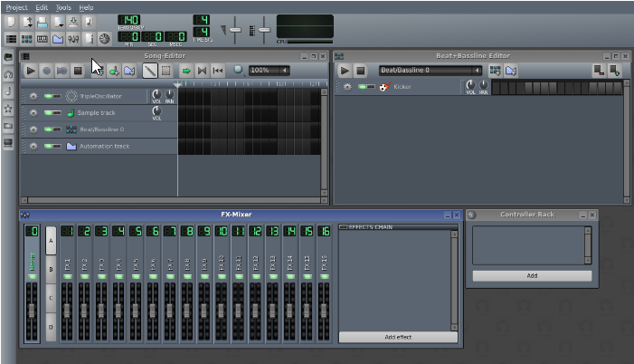 Интерфейс LMMS: секвенсор/DAW с редактором песен, паттернов и микшером (версия 1.0.0)